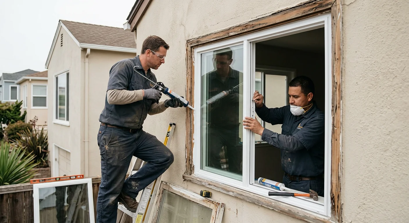 Window replacement technician measuring a double-hung frame inside a Daly City home during careful restoration work